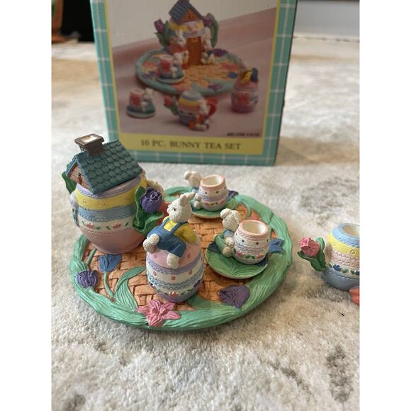 Vintage Miniature Tea Set Bunny Rabbit 10pcs Resin W/ Plate - Picture 7 of 8